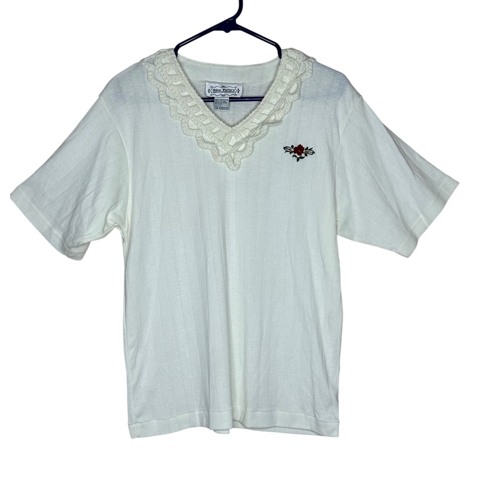 Gina Peters‎ VTG White Lace Trim Embroidered Rose V-Neck T-Shirt Top Women's L